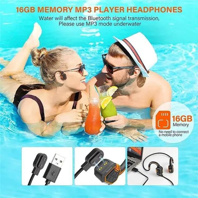 Alt view image 7 of 7 - Bone Conduction Headphones, IP68 Waterproof Sports Bluetooth 5.1 Wireless Open-Ear Headphones with Mic, Built-in 16GB Memory, for Swimming/Running/Cycling,Blue