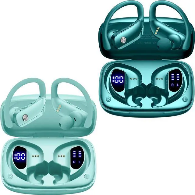 Main image of 2 Sets Wireless Earbuds Bluetooth Headphones 48hrs Play Back Sport Earphones with LED Display Over-Ear Buds with Earhooks Built-in Mic Headset for Workout Mint Green+Green
