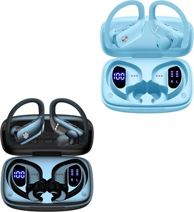 Main image of 2 Sets Wireless Earbuds Bluetooth Headphones 48hrs Play Back Sport Earphones with LED Display Over-Ear Buds with Earhooks Built-in Mic Headset for Workout Black + Sky Blue