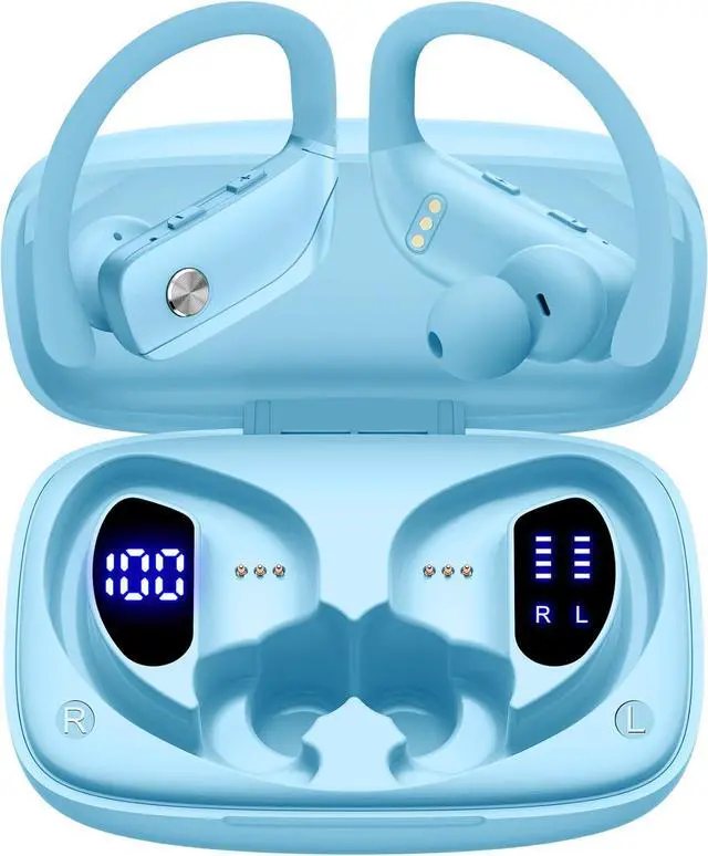 Alt view image 5 of 7 - 2 Sets Wireless Earbuds Bluetooth Headphones 48hrs Play Back Sport Earphones with LED Display Over-Ear Buds with Earhooks Built-in Mic Headset for Workout Black + Sky Blue