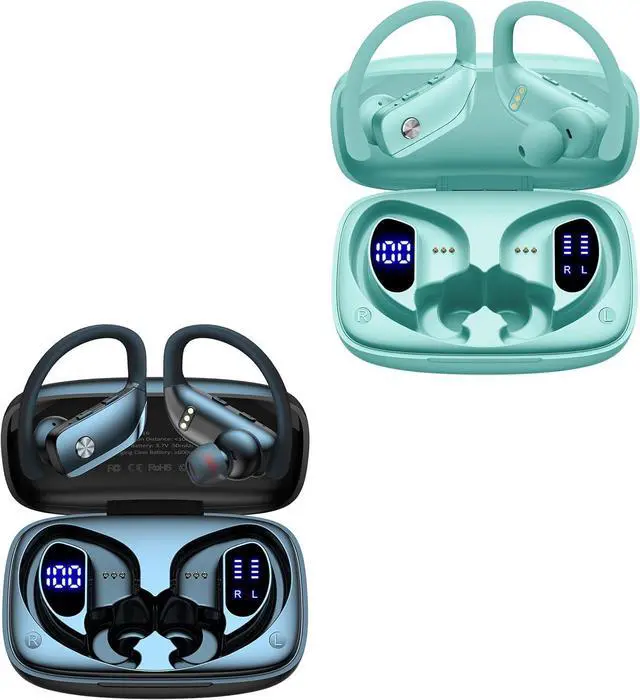 Main image of 2 Sets Wireless Earbuds Bluetooth Headphones 48hrs Play Back Sport Earphones with LED Display Over-Ear Buds with Earhooks Built-in Mic Headset for Workout Black + Mint Green