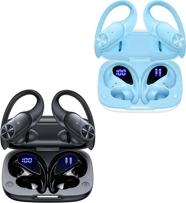 Main image of 2 Sets Bluetooth Headphones Wireless Earbuds 80hrs Playtime Wireless Charging Case Sports Ear buds with Earhook Premium Deep Bass IPX7 Waterproof Over-Ear Earphones for TV Phone Laptop Black and Blue