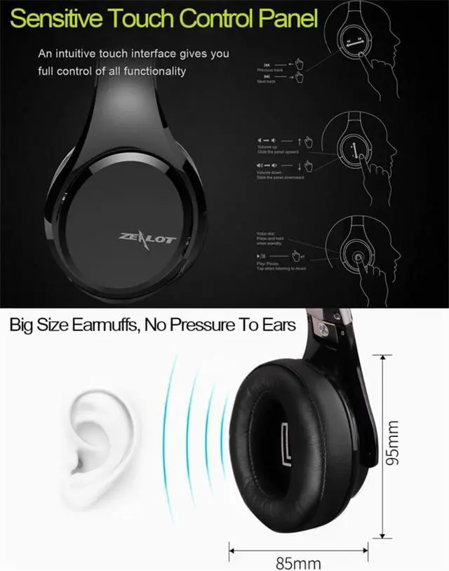 Alt view image 7 of 7 - Sport Bluetooth 5.0 Over Ear Headphones with Touch Button, Foldable Wireless and Wired HiFi Stereo Headset with Mic and HD Call, Deep Bass, 36H Playtime, for Travel/Work,Black