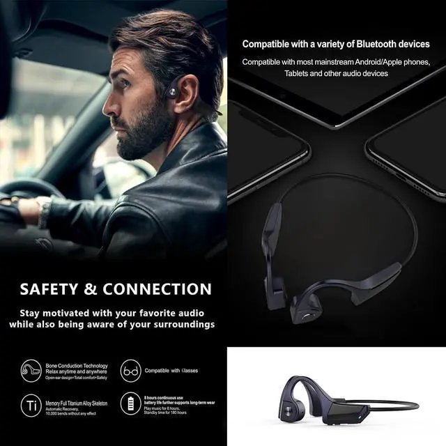Alt view image 6 of 6 - Waterproof Bone Conduction Conducting Headphones Wireless Bluetooth Bone Conduction Earbuds Earphones Headset Waterproof Open Ear Headphones Earbuds Wireless Bluetooth