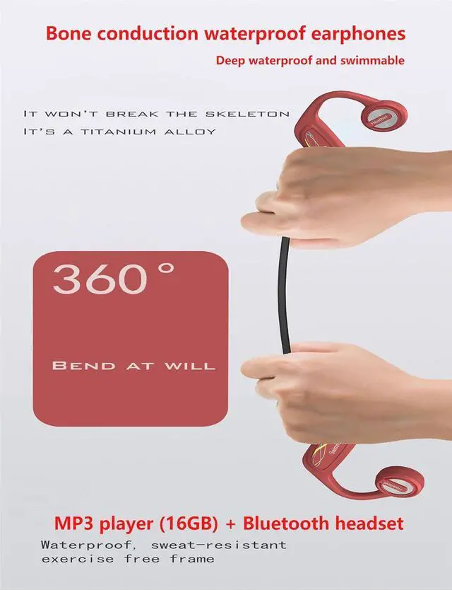 Alt view image 5 of 7 - IPX8 Waterproof Swimming Headphones K9 Bone Conduction Wireless Bluetooth 5.0 Headphones MP3 Player with 16G Memory Built-in Microphone Long Battery Life Sports Headphones (Red)