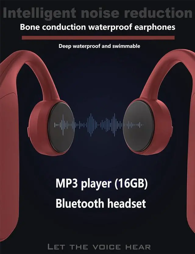 Alt view image 6 of 7 - IPX8 Waterproof Swimming Headphones K9 Bone Conduction Wireless Bluetooth 5.0 Headphones MP3 Player with 16G Memory Built-in Microphone Long Battery Life Sports Headphones (Red)