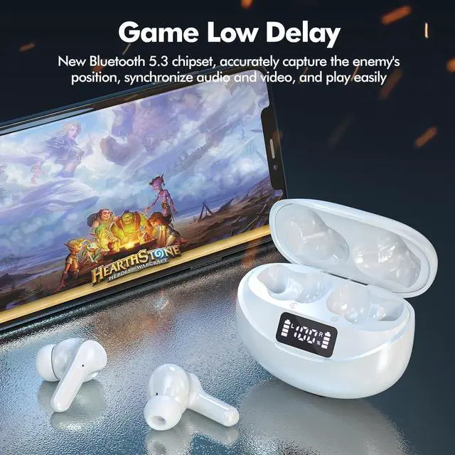 Alt view image 4 of 7 - Wireless Earbuds, HiFi Stereo Bluetooth 5.3 Headphones with LED Digital Display, 50H Playback Ear Buds with ENC Noise Canceling Headset, IPX7 Waterproof Earphones for Office/Running/Workout (White)