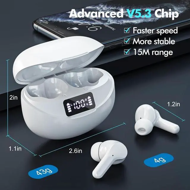 Alt view image 3 of 7 - Wireless Earbuds, HiFi Stereo Bluetooth 5.3 Headphones with LED Digital Display, 50H Playback Ear Buds with ENC Noise Canceling Headset, IPX7 Waterproof Earphones for Office/Running/Workout (White)