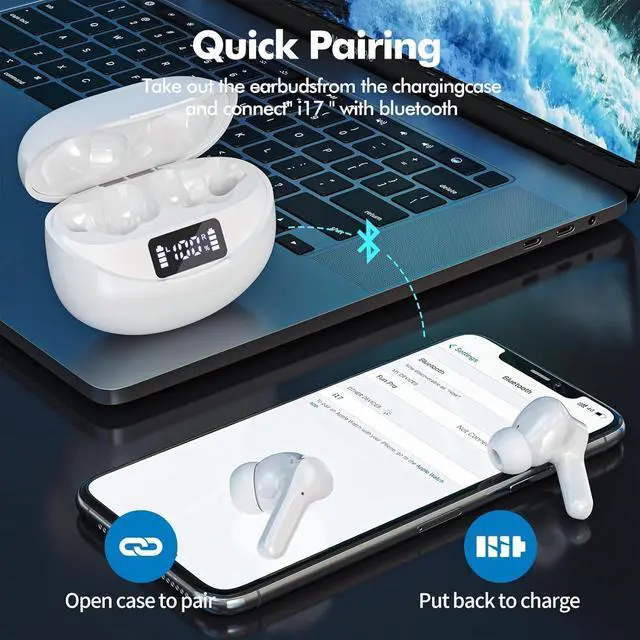 Alt view image 6 of 7 - Wireless Earbuds, HiFi Stereo Bluetooth 5.3 Headphones with LED Digital Display, 50H Playback Ear Buds with ENC Noise Canceling Headset, IPX7 Waterproof Earphones for Office/Running/Workout (White)