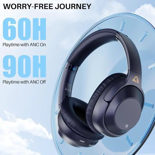 Alt view image 3 of 7 - Bluetooth 5.2 Hybrid Active Noise Cancelling Headphones for Airplane Travel, 90H Playtime Wired and Wireless Over Ear ANC Headset for Adults, Android, Home Office