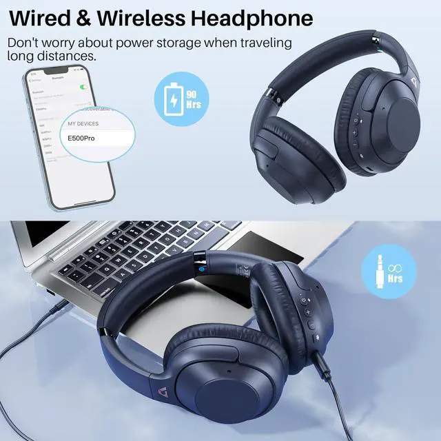 Alt view image 5 of 7 - Bluetooth 5.2 Hybrid Active Noise Cancelling Headphones for Airplane Travel, 90H Playtime Wired and Wireless Over Ear ANC Headset for Adults, Android, Home Office