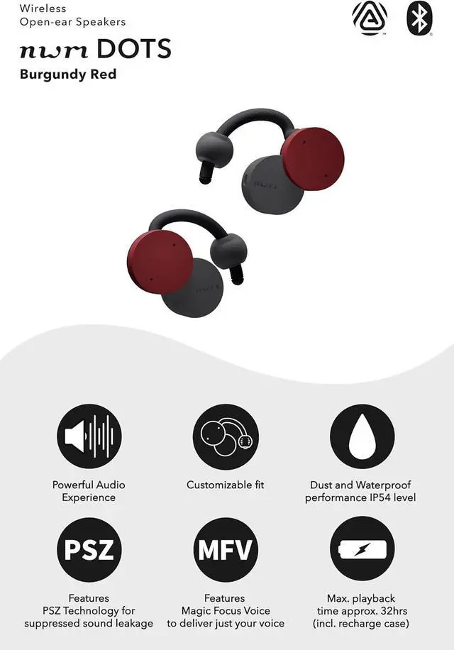 Alt view image 3 of 6 - nwm DOTS Wireless On-Ear Speakers (Open Ear Earphones) Sound Leakage suppressed (PSZ Technology - Bone Conduction Alternative) with Optimal Microphone Function Designed in Japan | Burgundy Red