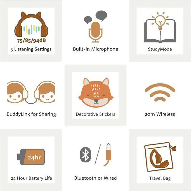 Alt view image 4 of 7 - BuddyPhones PlayEars Plus | Fox Ear Foldable Bluetooth Kids Headphones + Microphone, Works Wired or Wireless - SafeAudio Volume-Limiting for iPhone/iPad/Tablet/PC and More