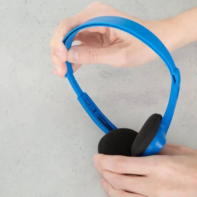 Alt view image 5 of 6 - Egghead Heavy-Duty Kids' Stereo Headphones with Ear Cushions and 4'3" Cord, Adjustable Tangle-Free Over-Ear Stereo School Headphones, Pack of 20, Blue