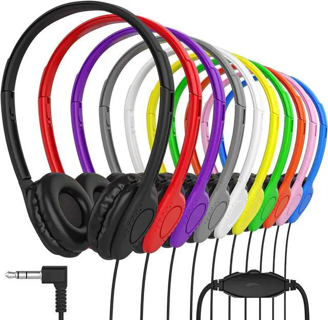 Main image of Maeline Bulk Classroom Student Headphones with Volume Control, On Ear Stereo Headphones with Faux Leather Cushions for Kids Online Learning, Library, School, Airplane, Travel - 3.5mm Plug - 30 Pack