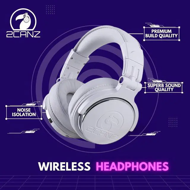 Alt view image 2 of 6 - 2CANZ Pro Matte White Over-Ear Professional Wireless Headphones - Enhanced 50mm Neodymium Drivers, Closed Back, Plush Ear Cushions, 8-Way Adjustable Earpads, Foldable
