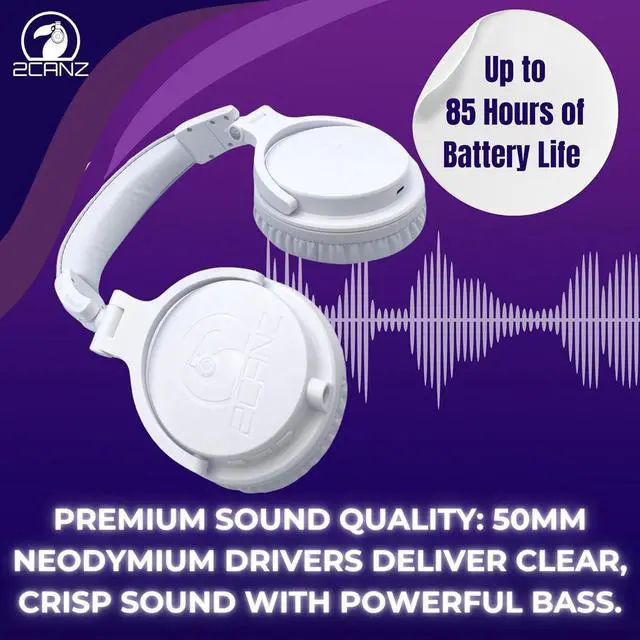 Alt view image 3 of 6 - 2CANZ Pro Matte White Over-Ear Professional Wireless Headphones - Enhanced 50mm Neodymium Drivers, Closed Back, Plush Ear Cushions, 8-Way Adjustable Earpads, Foldable