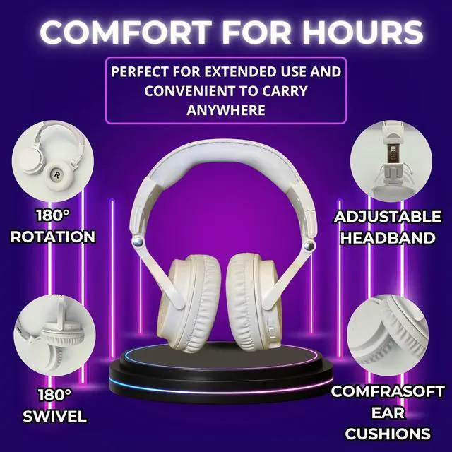 Alt view image 4 of 6 - 2CANZ Pro Matte White Over-Ear Professional Wireless Headphones - Enhanced 50mm Neodymium Drivers, Closed Back, Plush Ear Cushions, 8-Way Adjustable Earpads, Foldable