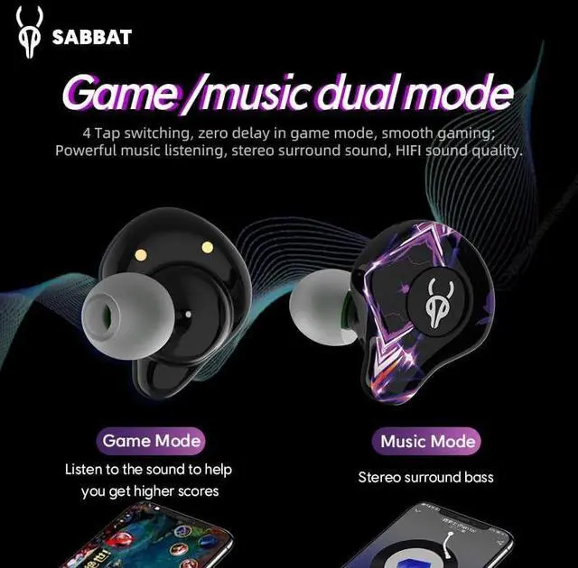 Alt view image 4 of 7 - Sabbat G12 Elite TWS Wireless Bluetooth 5.4 Earbuds Gaming Music Noise Reduction in-Ear Headphones with Mic 6D Soundscape Charging Case Suitable for iOS, Android(Challenge)