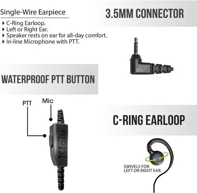 Alt view image 5 of 6 - Klein Electronics CURL 1-Wire Push to Talk Earpiece for Sonim XP3 Phones - IP67 Waterproof, Over-Ear for Hygiene & All-Day Comfort, Swivels C-Ring for Right or Left Ear Use, 3.5 mm Earpiece