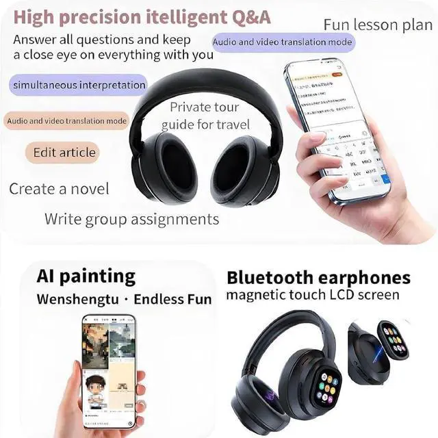 Alt view image 4 of 7 - Hy-X1 Pro Wireless Headphones with Translator and LCD Touch Screen, Ai Hy-X1 Pro Wireless Translation Headphones with Detachable Screen, Fast Charging (1PC)