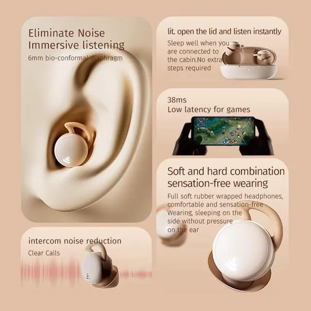 Alt view image 5 of 7 - Sleep Headphones Sleep Earbuds Noise Cancelling Earbuds for Sleep Sleeping Headphones for Side Sleepers Headphones Earbuds Bluetooth 5.3 Wireless Open Ear Headphones for Sleeping Driving Brown