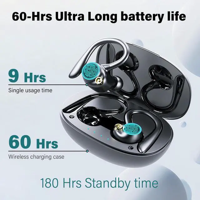 Alt view image 4 of 7 - wireless earbuds workout earbud over ear running headphones with ear hooks 60Hrs playtime LED power display, IPX7 waterproof earbuds for android 13MM bass premium sound gym headphones (Black)