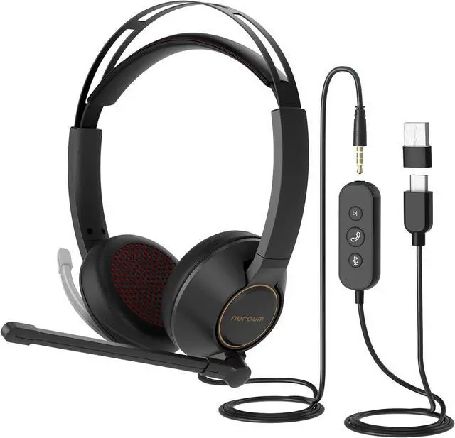 Main image of Wired Headset, Dual-Ear (Stereo) Headphones with Noise Canceling Microphone, On Ear Computer Headset with in-line Control, USB/Type-C, PC Headset for Home Office Online Class Skype Zoom