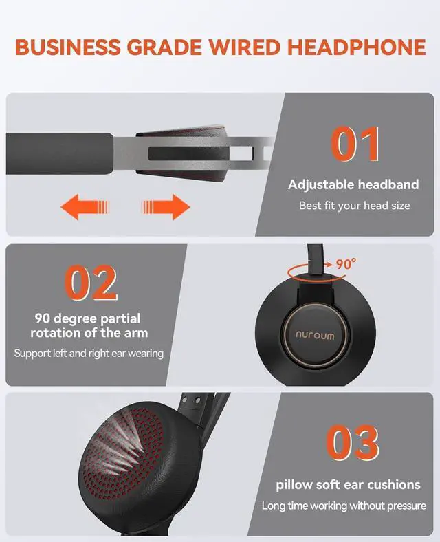 Alt view image 5 of 7 - Wired Headset, Dual-Ear (Stereo) Headphones with Noise Canceling Microphone, On Ear Computer Headset with in-line Control, USB/Type-C, PC Headset for Home Office Online Class Skype Zoom