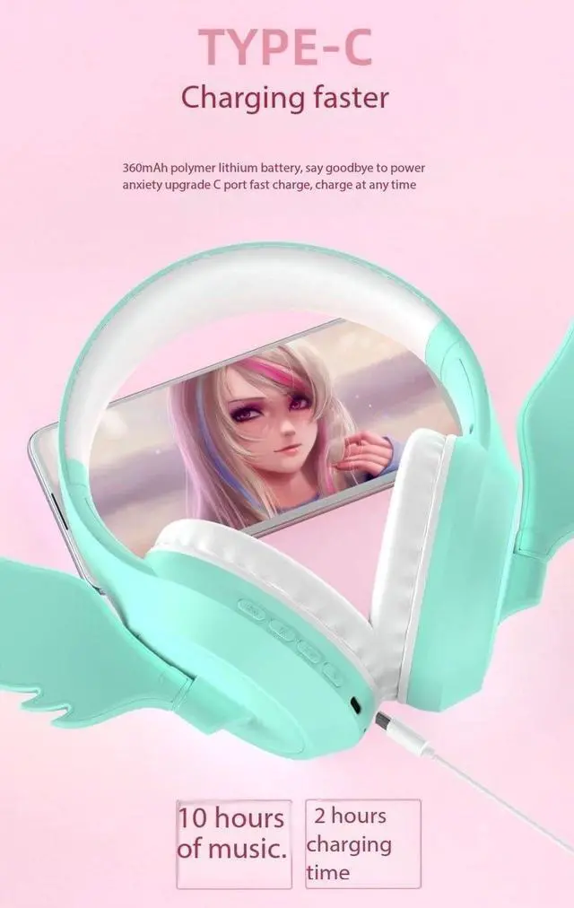 Alt view image 7 of 7 - Lightweight Folding Portable Headphones New Head-Mounted Foldable Bluetooth Headset, high Appearance, Long Battery Life, Heavy bass Headset, Colorful LED(Pink)
