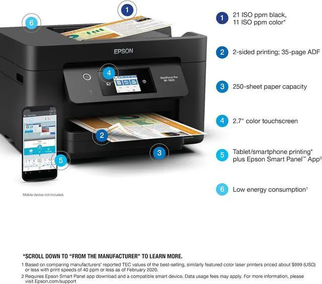 Alt view image 4 of 7 - Epson Workforce Pro WF-3820 Wireless All-in-One Printer with Auto 2-Sided Printing, 35-Page ADF, 250-sheet Paper Tray and 2.7" Colour Touchscreen , Black
