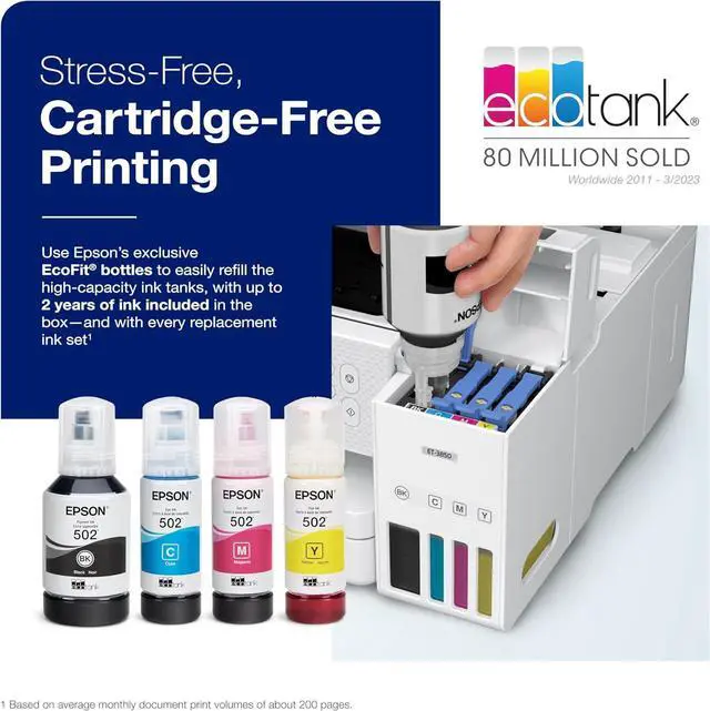 Alt view image 2 of 6 - Epson EcoTank ET-3850 Wireless Color All-in-One Cartridge-Free Supertank Printer with Scanner, Copier, ADF and Ethernet - The Perfect Printer Home Office,White
