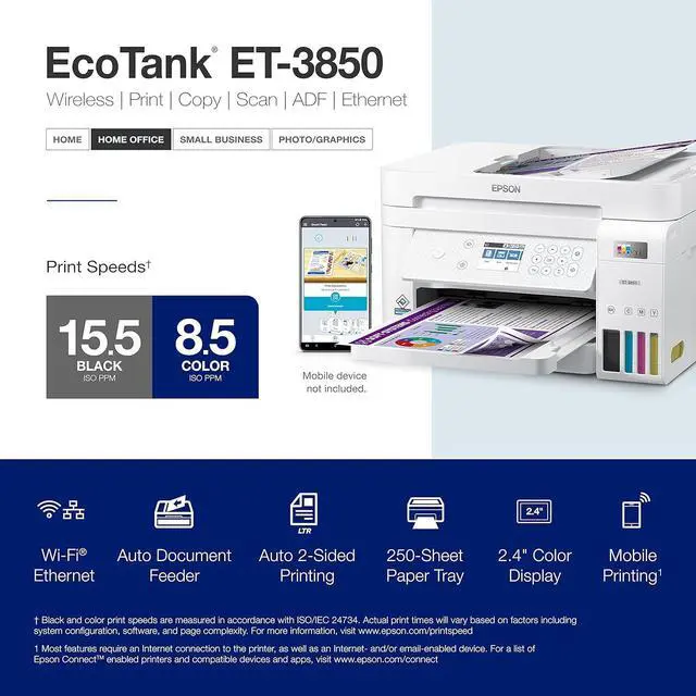 Alt view image 4 of 6 - Epson EcoTank ET-3850 Wireless Color All-in-One Cartridge-Free Supertank Printer with Scanner, Copier, ADF and Ethernet - The Perfect Printer Home Office,White