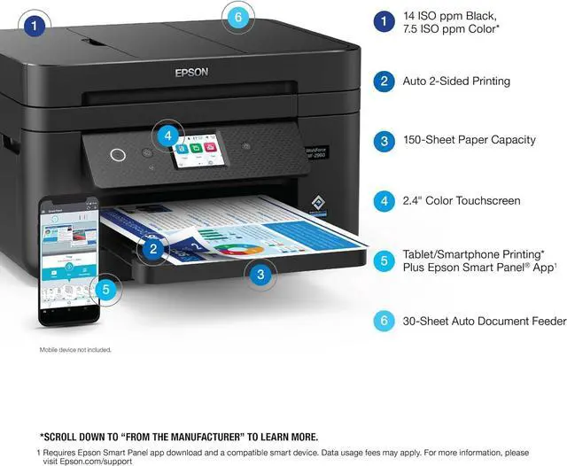 Alt view image 3 of 7 - Epson Workforce WF-2960 Wireless All-in-One Printer with Scan, Copy, Fax, Auto Document Feeder, Automatic 2-Sided Printing, 2.4" Touchscreen Display, 150-Sheet Paper Tray and Ethernet