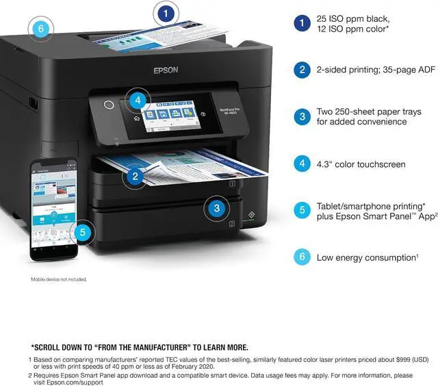 Alt view image 4 of 7 - Epson Workforce Pro WF-4830 Wireless All-in-One Printer with Auto 2-Sided Print, Copy, Scan and Fax, 50-Page ADF, 500-sheet Paper Capacity, and 4.3" Color Touchscreen, Works with Alexa, Black, Large