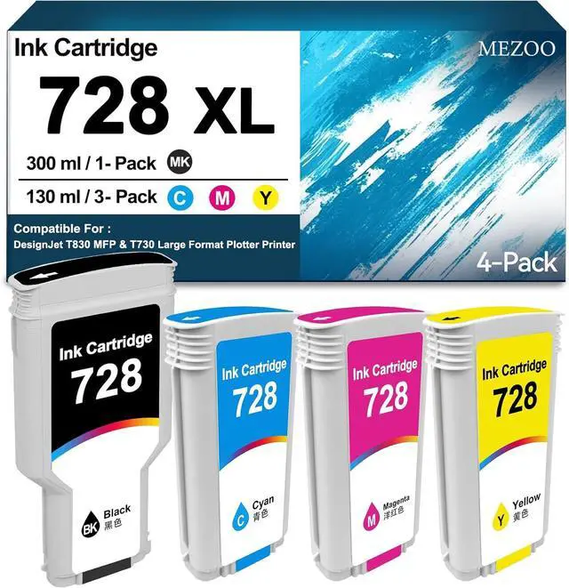 Main image of 728 728XL Ink Cartridges Compatible with 728xl F9J68A F9J67A F9J66A F9J65A Ink Cartridges for DesignJet T830 MFP T730 Large Format Plotter Printer(4 Pack,300ml Matte Black / 130ml Cyan/Magenta/Yellow)