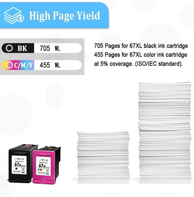 Alt view image 3 of 6 - Remanufactured 67XL Ink Cartridges Replacement for HP 67 67 XL 67XXL for Envy 6055 6052 6058 6075 Pro 6455 6452 6458 6475 DeskJet 1255 2752 2755 4140 4152 4155 4158 Printer (Black + Tri-Color)