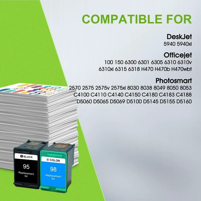 Alt view image 2 of 7 - Remanufactured 95 98 High Yield Ink Cartridge Replacement for HP C9364WN and C8766WN for Officejet 150 100 6310, PhotoSmart C4180 C4150 8050, Deskjet 5940 460 Printer (1 Black+1 Tri-Color)