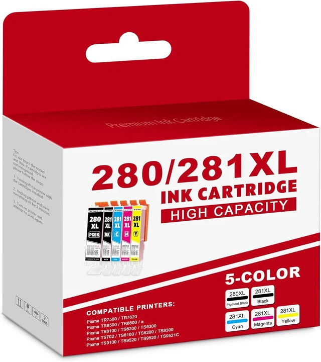 Main image of PGI-280XL/CLI-281XL Ink Cartridge 5-Pack Compatible Replacement for Canon CLI-281XL PGI-280XL Ink Cartridge Work with Pixma TR7500 TR8500 TS6100 TS702 TS8100 TS9100 Printer Series (1PGBK/1BK/1C/1M/1Y)