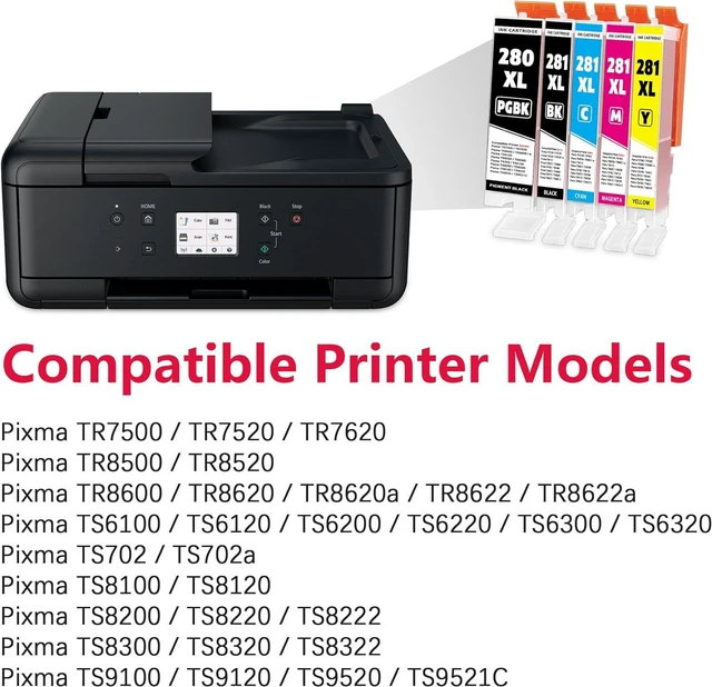 Alt view image 2 of 5 - PGI-280XL/CLI-281XL Ink Cartridge 5-Pack Compatible Replacement for Canon CLI-281XL PGI-280XL Ink Cartridge Work with Pixma TR7500 TR8500 TS6100 TS702 TS8100 TS9100 Printer Series (1PGBK/1BK/1C/1M/1Y)