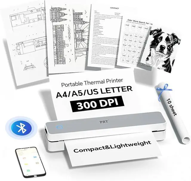 Main image of PRT Portable Printer Bluetooth Thermal Printer Support 8.5" X 11" US Letter A4 A5, Compatible with iOS, Android & Laptop, Inkless Printer for Travel, Office, Home, School