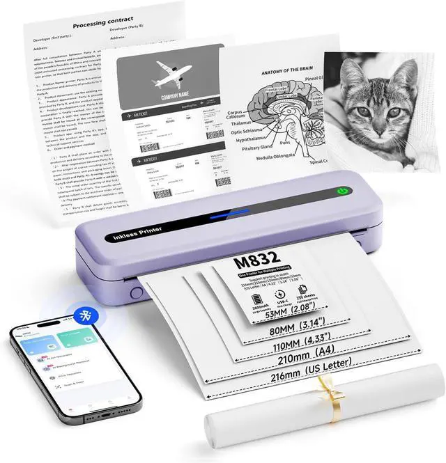 Main image of Itari M832 Portable Printers Wireless for Travel, Support 8.5" X 11" Letter&A4 Roll Paper, Bluetooth Thermal Printer Compatible with Phone & Laptop, Inkless Mobile Printer for Office, Home, School