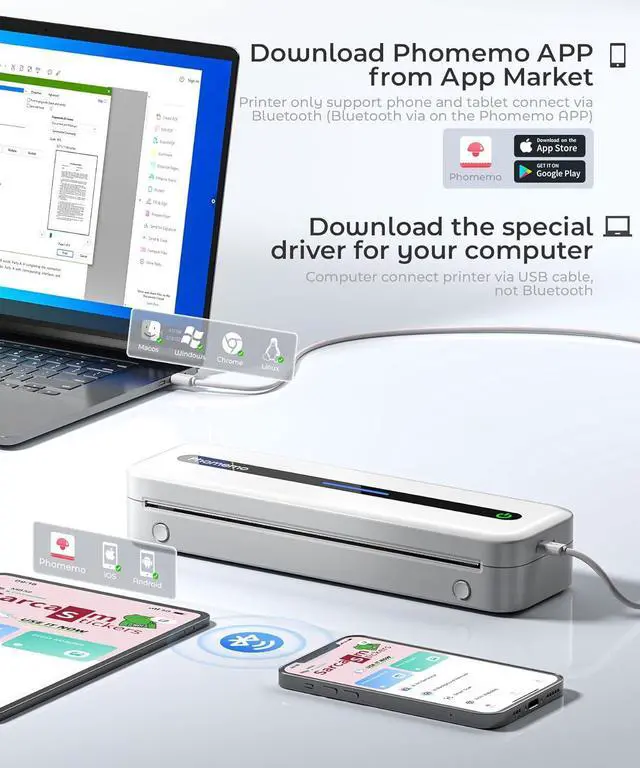 Alt view image 3 of 7 - Phomemo Portable Printer Wireless for Travel, Inkless Thermal Printer Supports US Letter Thermal Paper, Compatible with Phone & Laptop, for Business, Office, School