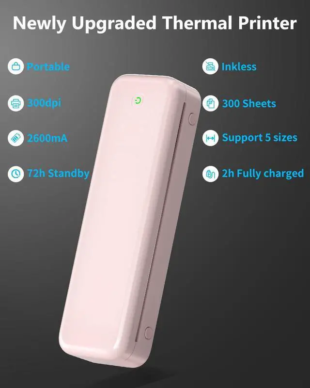 Alt view image 3 of 7 - Itari M834 Portable Printers Wireless for Travel, 300DPI Bluetooth Inkless Printer Support 8.5 x 11 US Letter A4 Thermal Paper, Compatible with Android iOS Laptop, Pink