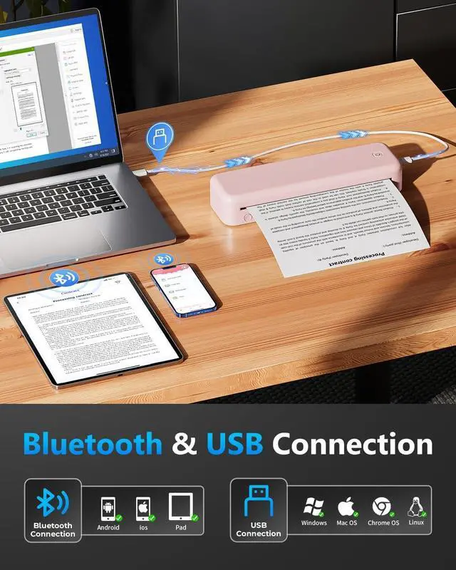 Alt view image 5 of 7 - Itari M834 Portable Printers Wireless for Travel, 300DPI Bluetooth Inkless Printer Support 8.5 x 11 US Letter A4 Thermal Paper, Compatible with Android iOS Laptop, Pink