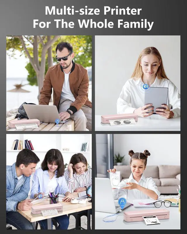 Alt view image 2 of 7 - Itari M834 Portable Printers Wireless for Travel, 300DPI Bluetooth Inkless Printer Support 8.5 x 11 US Letter A4 Thermal Paper, Compatible with Android iOS Laptop, Pink