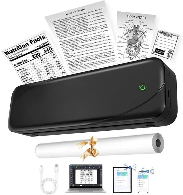 Main image of Bluetooth Portable Printer, 300dpi Thermal Travel Printer for Home, Photo, Invoice, Study, Monochrome Inkless Printing Machines with 1 Rolls of Thermal Paper, Black