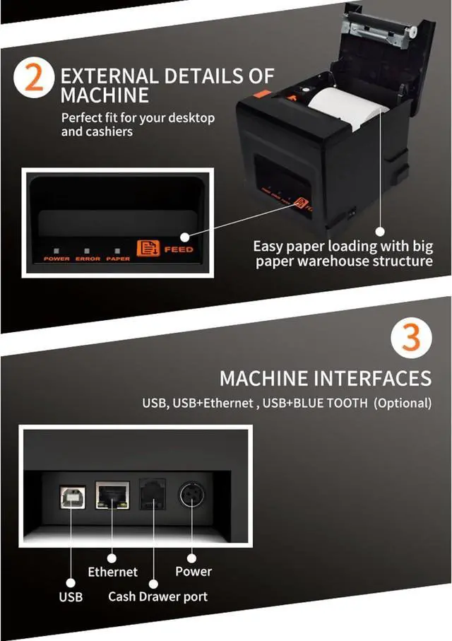 Alt view image 3 of 7 - 80mm USB Receipt Printer POS Printer with Auto Cutter Desktop Direct Thermal Printing Compatible with Support ESC/POS for Shipping Busin Restaurant Kitchen Supermarket Home Busin Retail Store