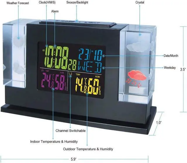 Alt view image 2 of 7 - Wall Clock, RF Wireless Weather Station Digital Table Clock, 3D Crystal with Outdoor Sensor Weather Forecast Radio Weather Station Thermometer Remote Sensor Snooze Alarm Clock