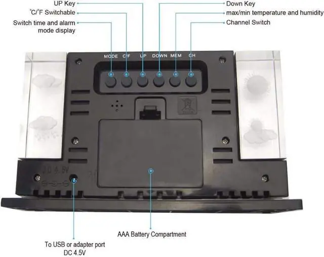 Alt view image 5 of 7 - Wall Clock, RF Wireless Weather Station Digital Table Clock, 3D Crystal with Outdoor Sensor Weather Forecast Radio Weather Station Thermometer Remote Sensor Snooze Alarm Clock